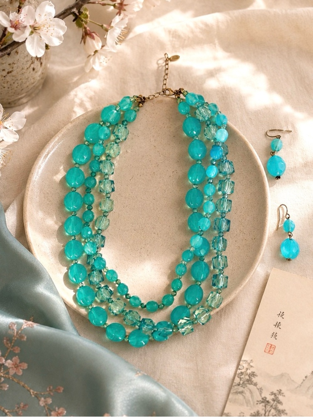 Esmor Vintage Blue 3 Strand Plastic Bead Necklace And Earrings